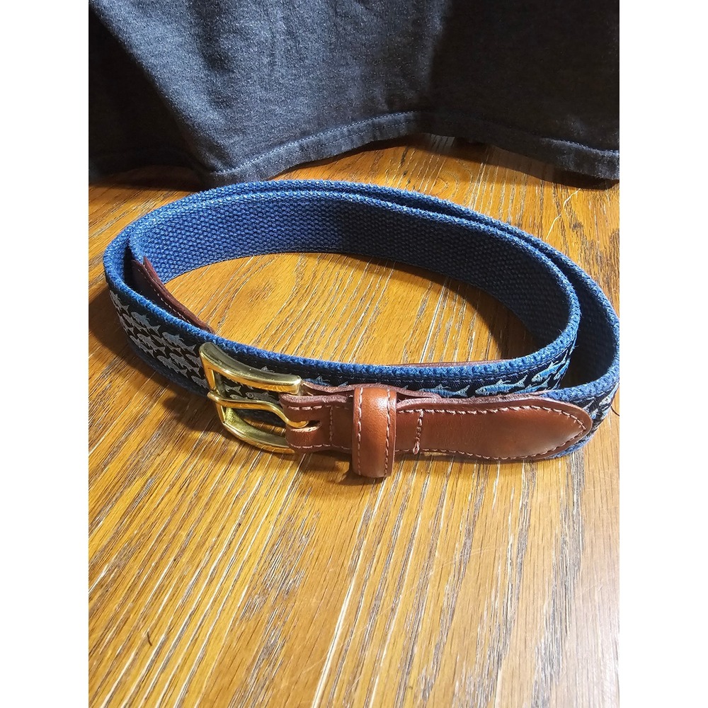 Orvis Mens Blue Canvas Leather Trout Fish Embroidered Belt Solid Brass Buckle 36